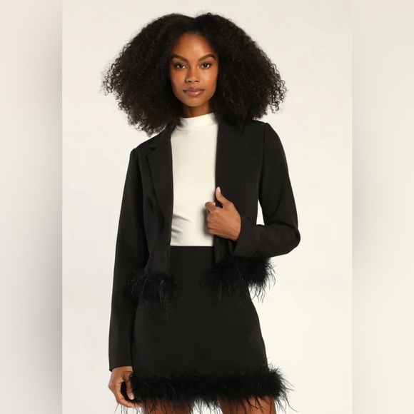 Lulus Celebratory Sweetie Crop Blazer Ostrich Feather Black Large Cocktail Chic - Picture 4 of 13